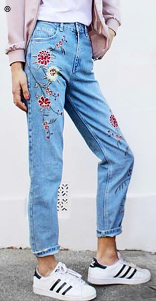 Flower embroidery jeans
