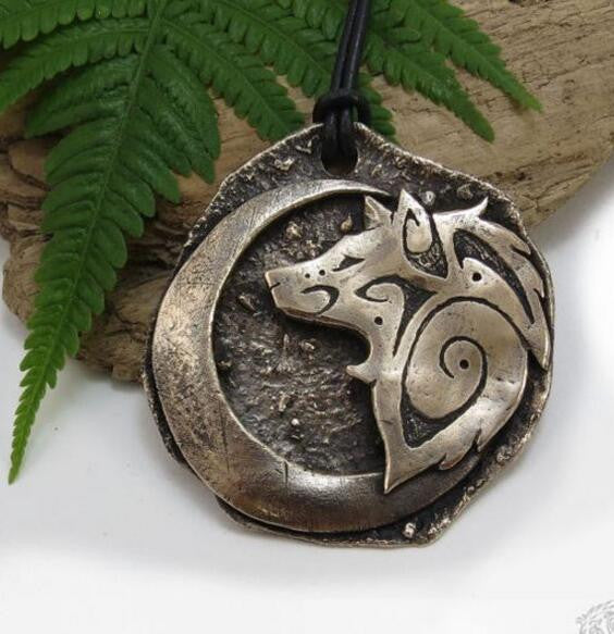 Crescent Moon Pendant Necklace with Tribal Wolf