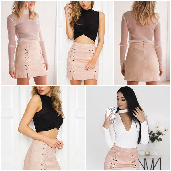 Sexy lace up suede pencil skirt